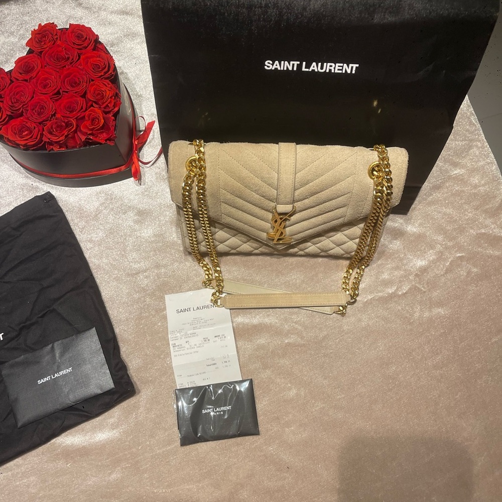 Saint Laurent Beige Shoulder Bag with Gold Chain